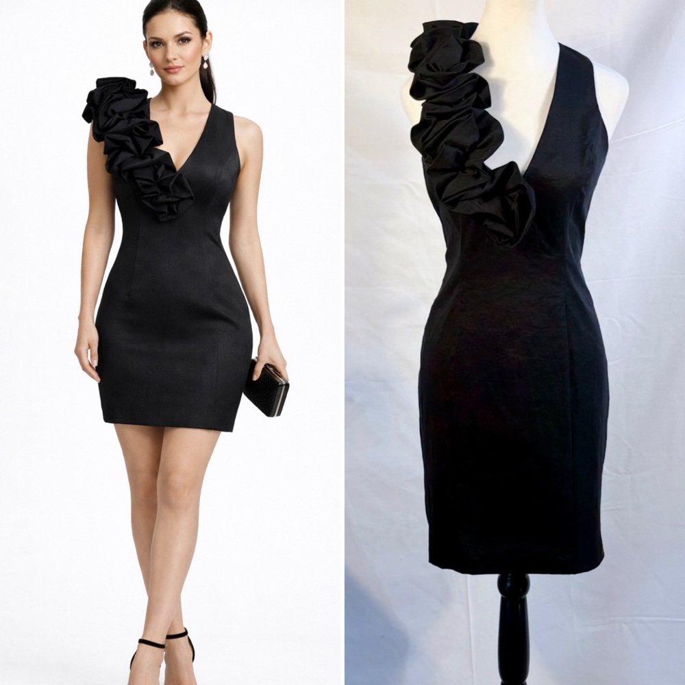 Cache Black Ruffle Shoulder Bodycon Cocktail Mini Dress Womens 8🧡